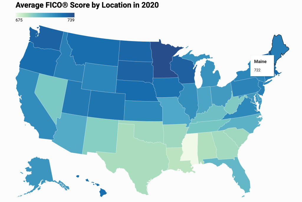 A graphic of credit scores by state to show the average credit scores in the US